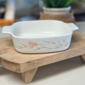 Vintage 1984 Corning Ware White Dish with Pink Floral Design